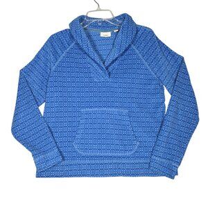 LL Bean Womens Fleece Pullover Sweater Top Shirt Shawl Collar Blue Snowflake